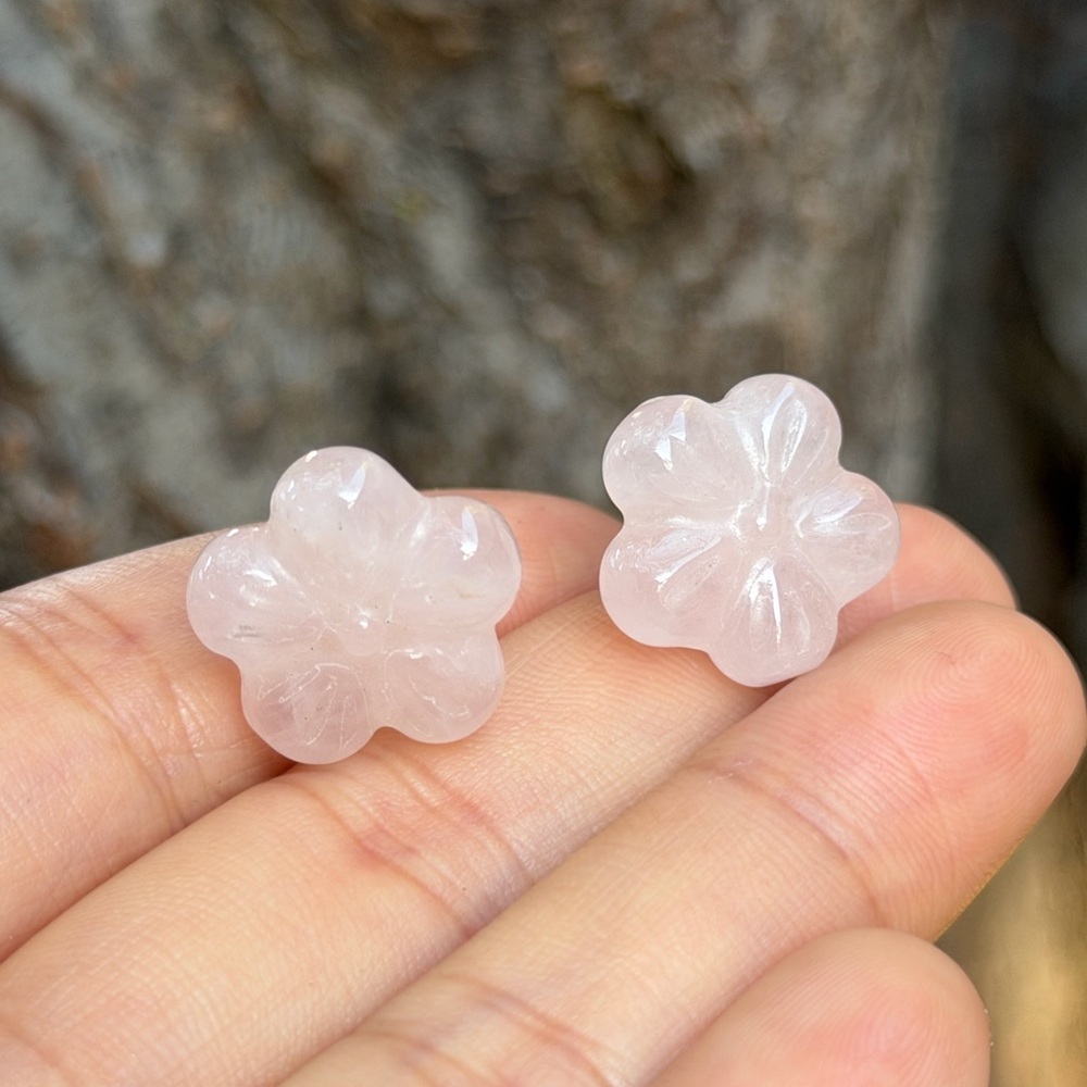 925 silver stamped rose quartz flower ear‎ studs 0620